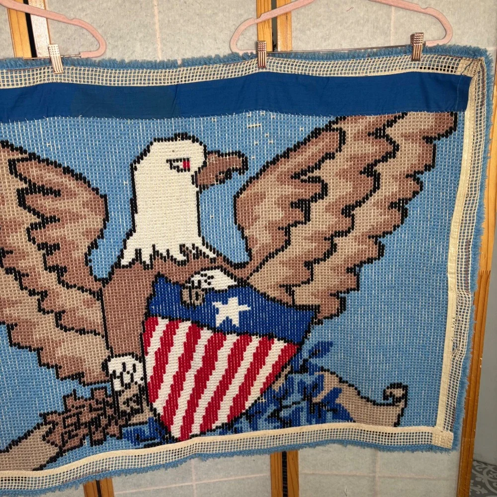 Unbranded Latch Hook Rug 46x33 Blue Patriotic Americana Eagle Shield Wall Art